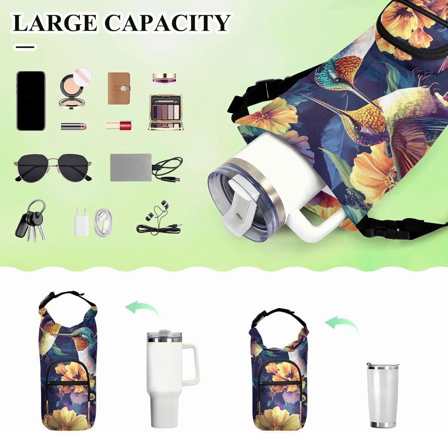 Water Bottle Holder with Strap 20/24/32/40oz Insulated Water Bottle Carrier Sling Bag Sleeve with Phone Pocket for Hiking Travelling Camping Hummingbirds and Colored Flowers