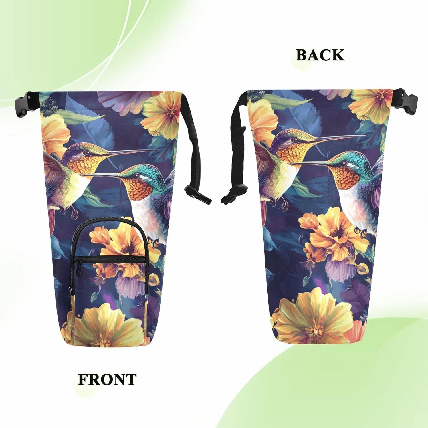 Water Bottle Holder with Strap 20/24/32/40oz Insulated Water Bottle Carrier Sling Bag Sleeve with Phone Pocket for Hiking Travelling Camping Hummingbirds and Colored Flowers
