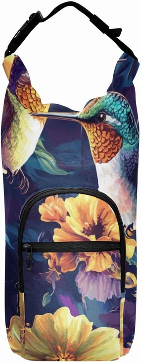 Water Bottle Holder with Strap 20/24/32/40oz Insulated Water Bottle Carrier Sling Bag Sleeve with Phone Pocket for Hiking Travelling Camping Hummingbirds and Colored Flowers