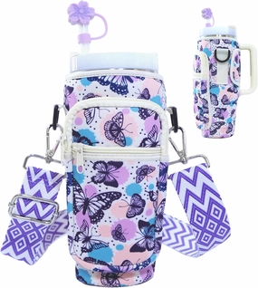 Water Bottle Holder With Strap For Stanley Cup 40/30oz Tumbler With Handle, Water Bottle Carrier Cross-Body Bag With Phone Pocket And Wide Adjustable Shoulder And Straw Cover