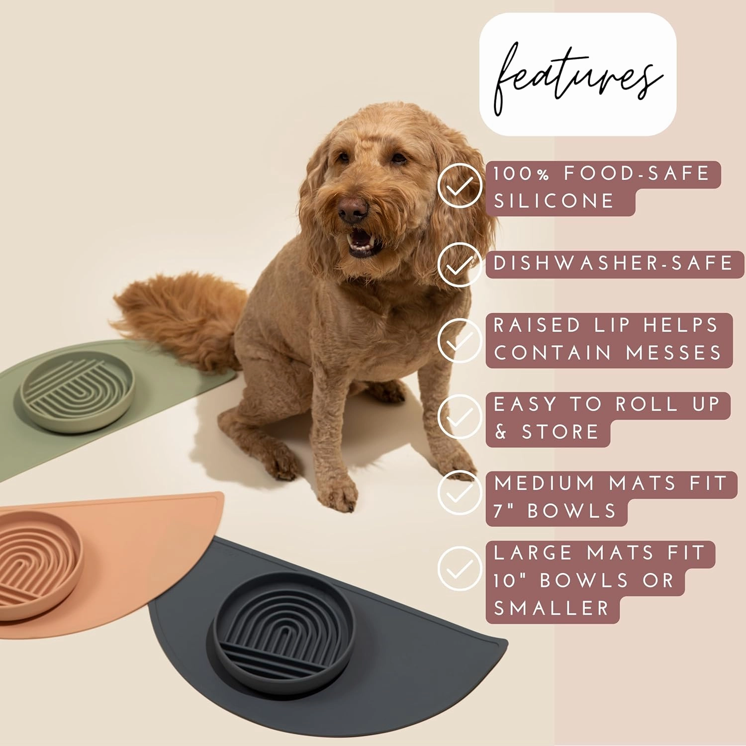 Waterproof Silicone Pet Food Mat - Non-Slip, Spill-Proof Feeding Mats for Floors, Raised Edge Design, Easy-to-Clean, Durable Flexible Rubber Mat for Dog & Cat Bowls, Medium - Spruce