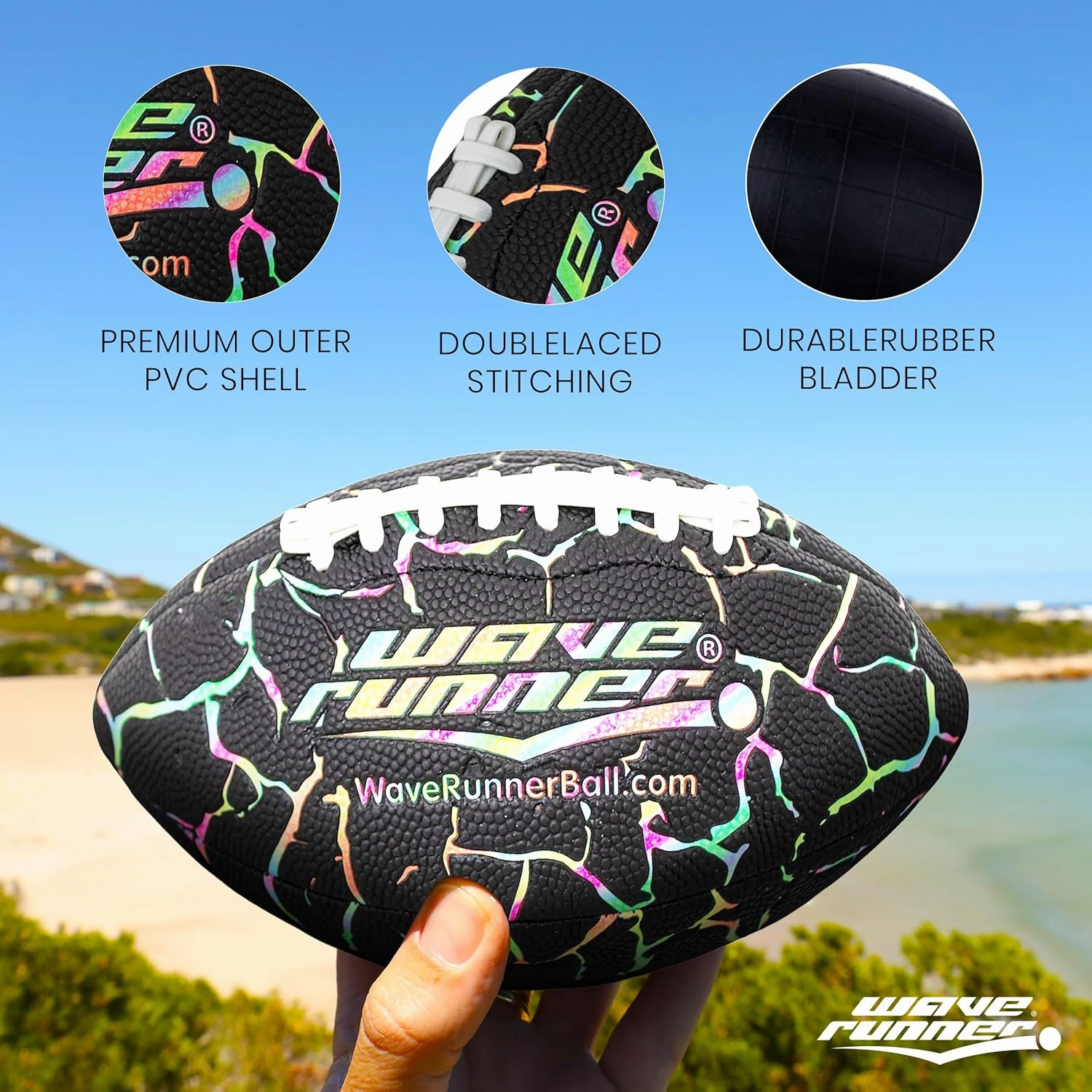 Wave Runner Grip It Waterproof Junior Size Football, 9.25 Size, Durable & Double Laced, Perfect for Beach Accessories, Kids Games, Pool Toys, Outdoor Games, All-Weather Indoor & Outdoor Play