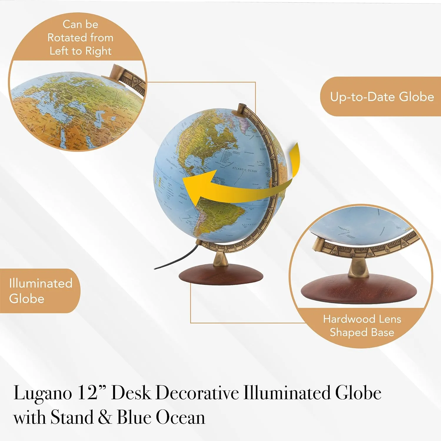 Waypoint Geographic Light Up Globe - Lugano 12” Desk Decorative Illuminated Globe with Stand and Blue Ocean, Up to Date World Globe