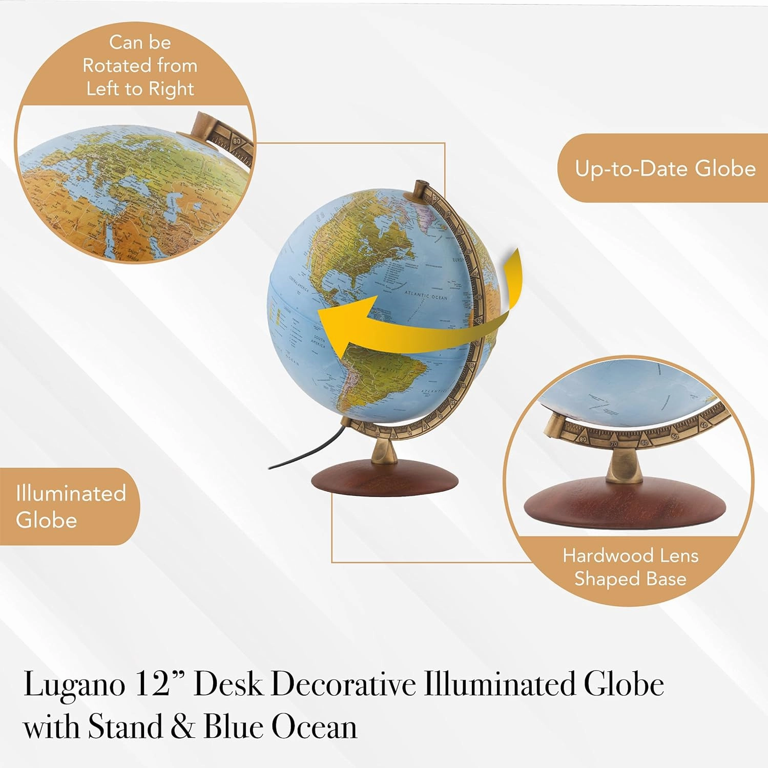Waypoint Geographic Light Up Globe - Lugano 12” Desk Decorative Illuminated Globe with Stand and Blue Ocean, Up to Date World Globe