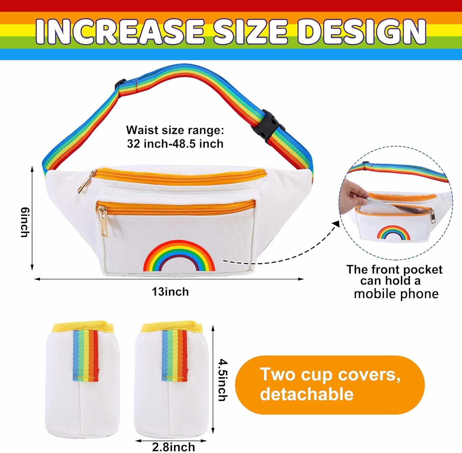 Wehhbtye Rainbow Fanny Pack, Pride Waist Pack with 2 Drink Carrier, Adjustable Multicolor Belt Canvas Bag for Women Men LGBTQ Festival Rave Party Outfit Accessories and Traveling