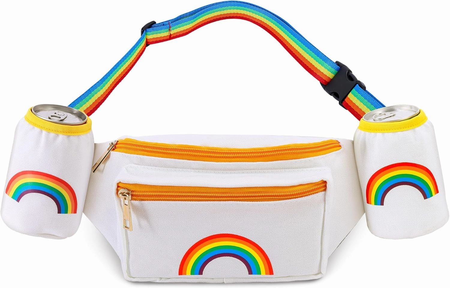 Wehhbtye Rainbow Fanny Pack, Pride Waist Pack with 2 Drink Carrier, Adjustable Multicolor Belt Canvas Bag for Women Men LGBTQ Festival Rave Party Outfit Accessories and Traveling