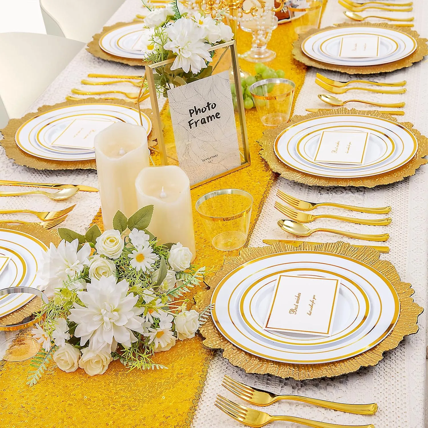 WELLIFE 600 PCS Gold Disposable Dinnerware Set for 100 Guests, Gold and White Plastic Plates for Party, 100 Each-Dinner & Salad Plates, Cups, Forks Knives Spoons for Wedding and Party