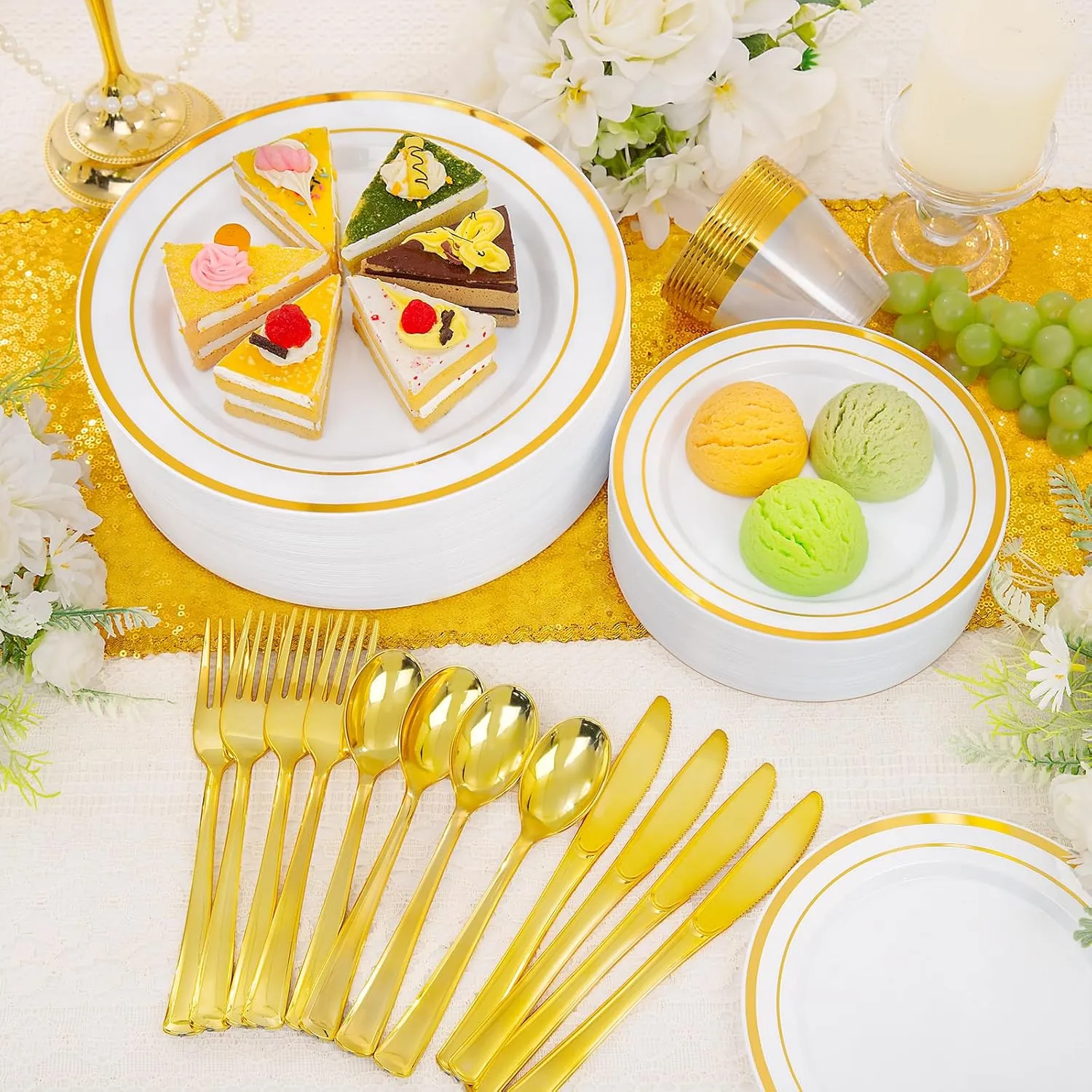 WELLIFE 600 PCS Gold Disposable Dinnerware Set for 100 Guests, Gold and White Plastic Plates for Party, 100 Each-Dinner & Salad Plates, Cups, Forks Knives Spoons for Wedding and Party