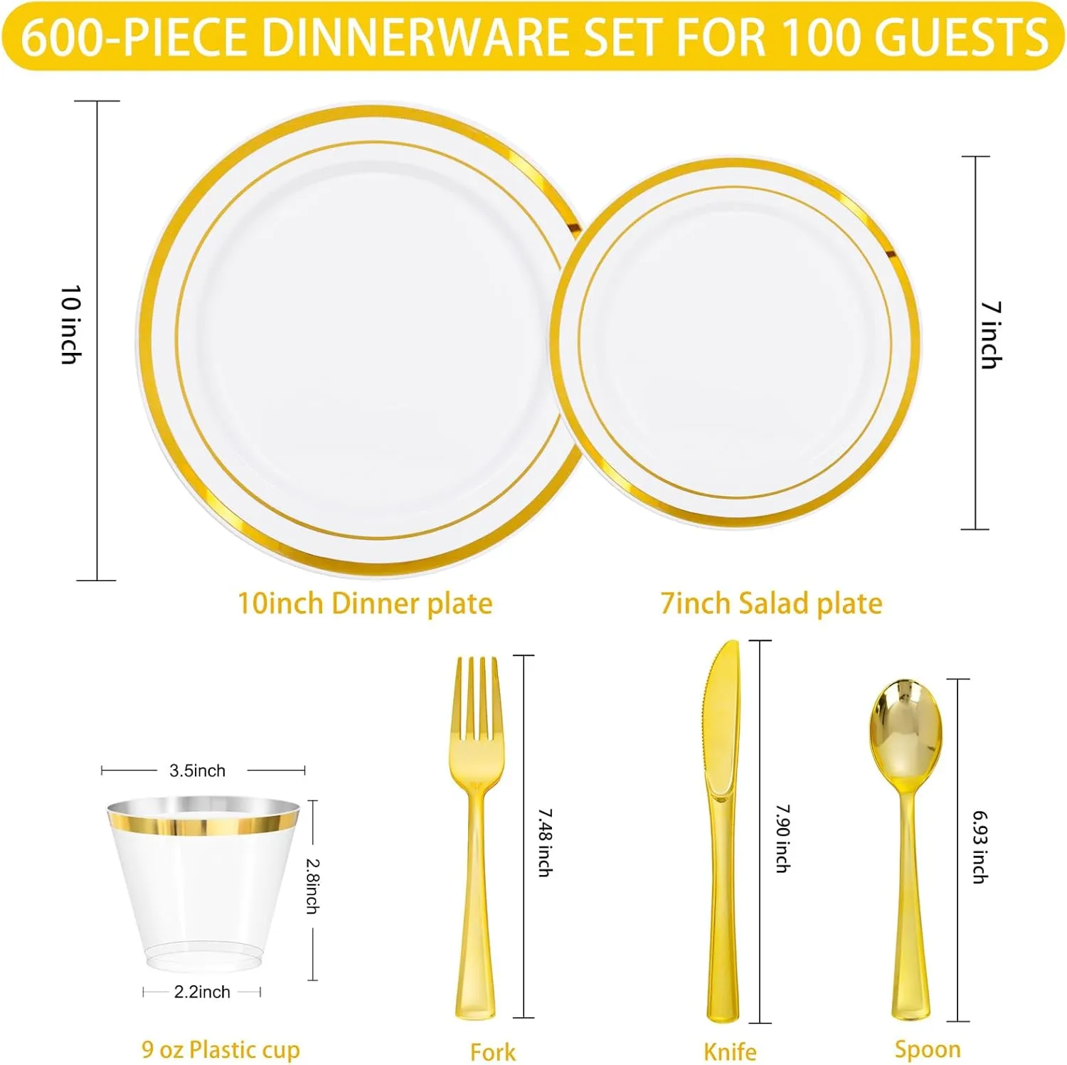 WELLIFE 600 PCS Gold Disposable Dinnerware Set for 100 Guests, Gold and White Plastic Plates for Party, 100 Each-Dinner & Salad Plates, Cups, Forks Knives Spoons for Wedding and Party