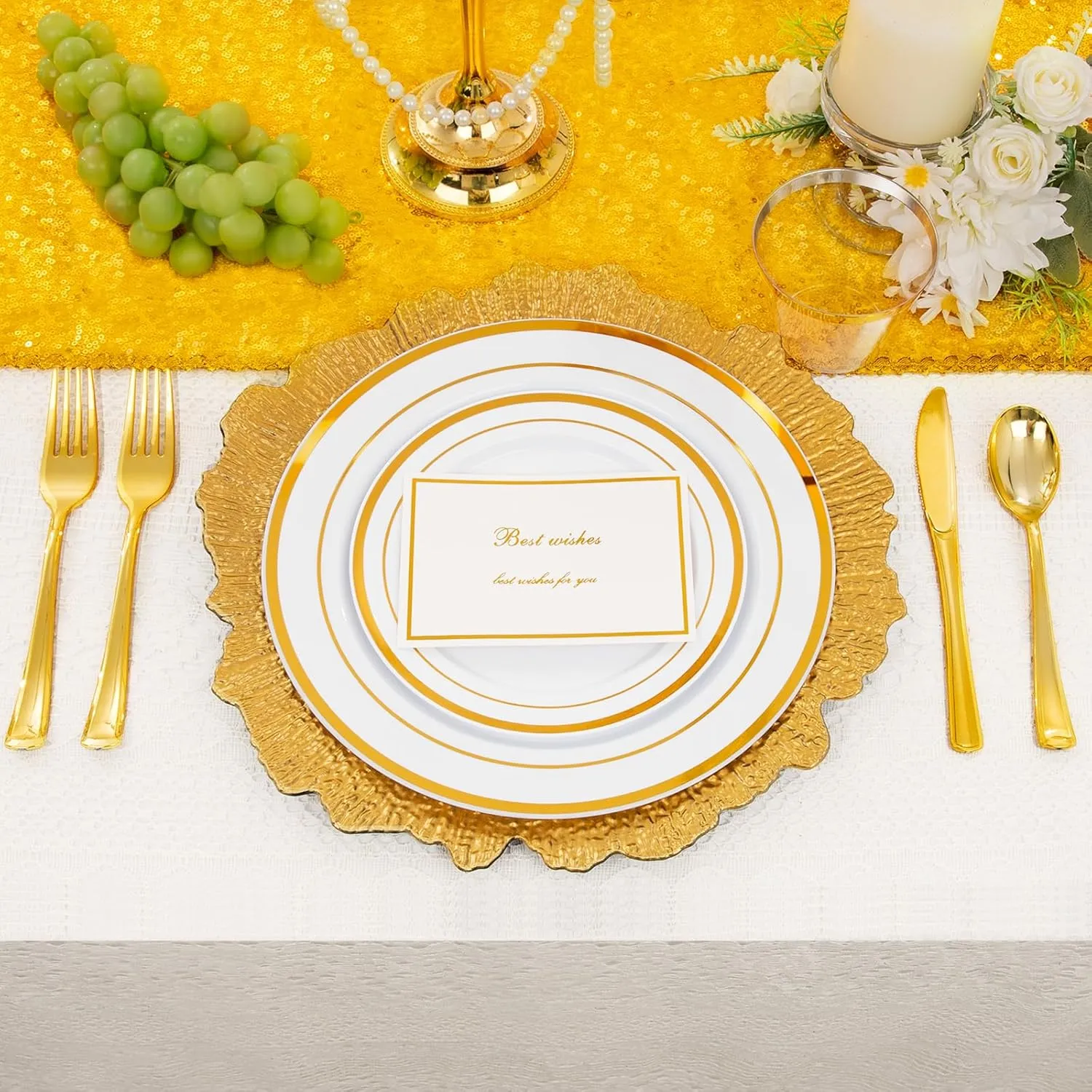 WELLIFE 600 PCS Gold Disposable Dinnerware Set for 100 Guests, Gold and White Plastic Plates for Party, 100 Each-Dinner & Salad Plates, Cups, Forks Knives Spoons for Wedding and Party