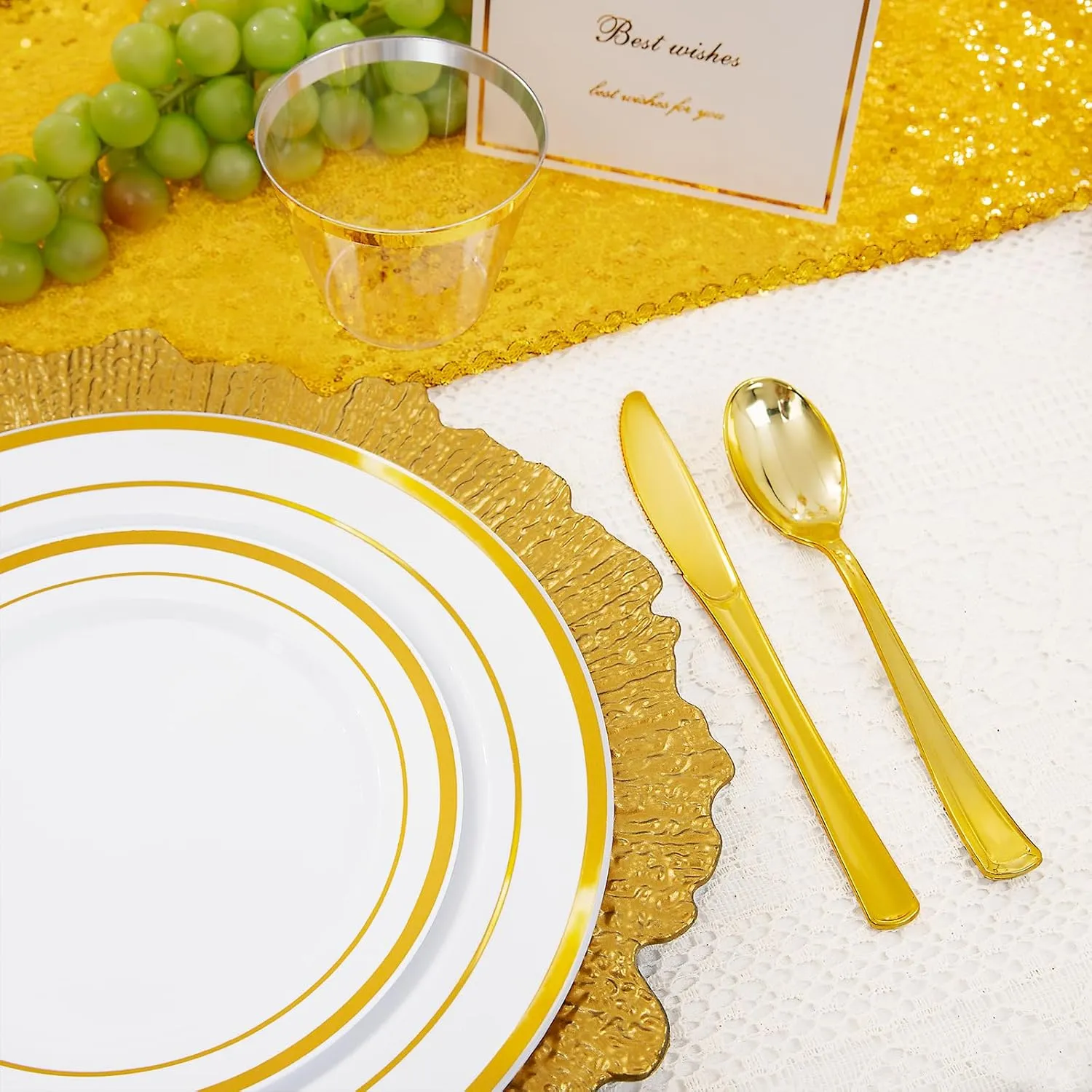 WELLIFE 600 PCS Gold Disposable Dinnerware Set for 100 Guests, Gold and White Plastic Plates for Party, 100 Each-Dinner & Salad Plates, Cups, Forks Knives Spoons for Wedding and Party