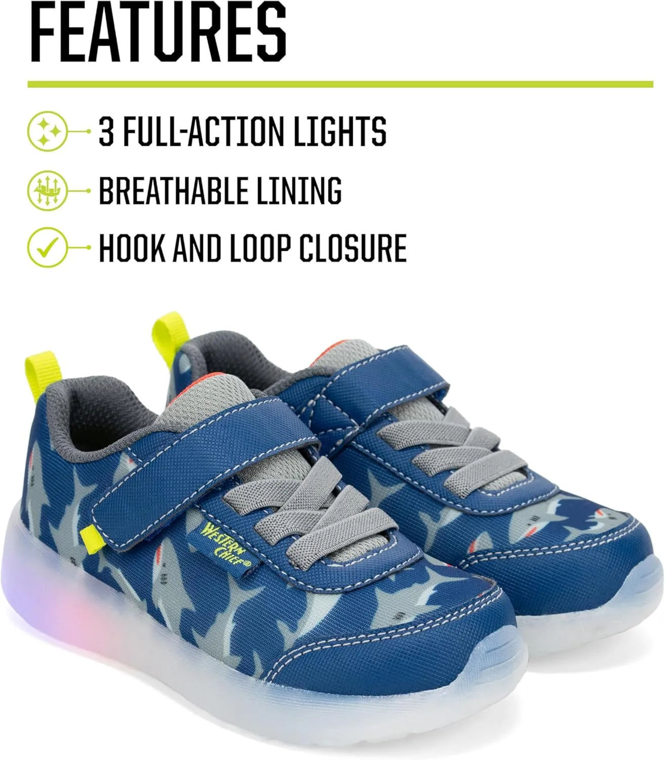 Western Chief Kids Lighted Flash Feet Sneakers – Breathable Mesh Shoes with Flashing Lights, Adjustable Strap, and Slip-Resistant Outsole for Active Boys and Girls
