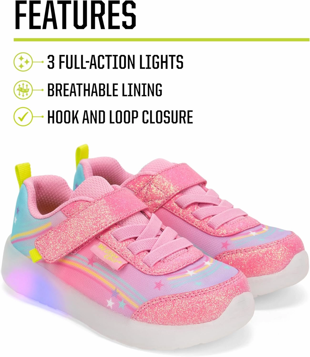 Western Chief Kids Lighted Flash Feet Sneakers – Breathable Mesh Shoes with Flashing Lights, Adjustable Strap, and Slip-Resistant Outsole for Active Boys and Girls