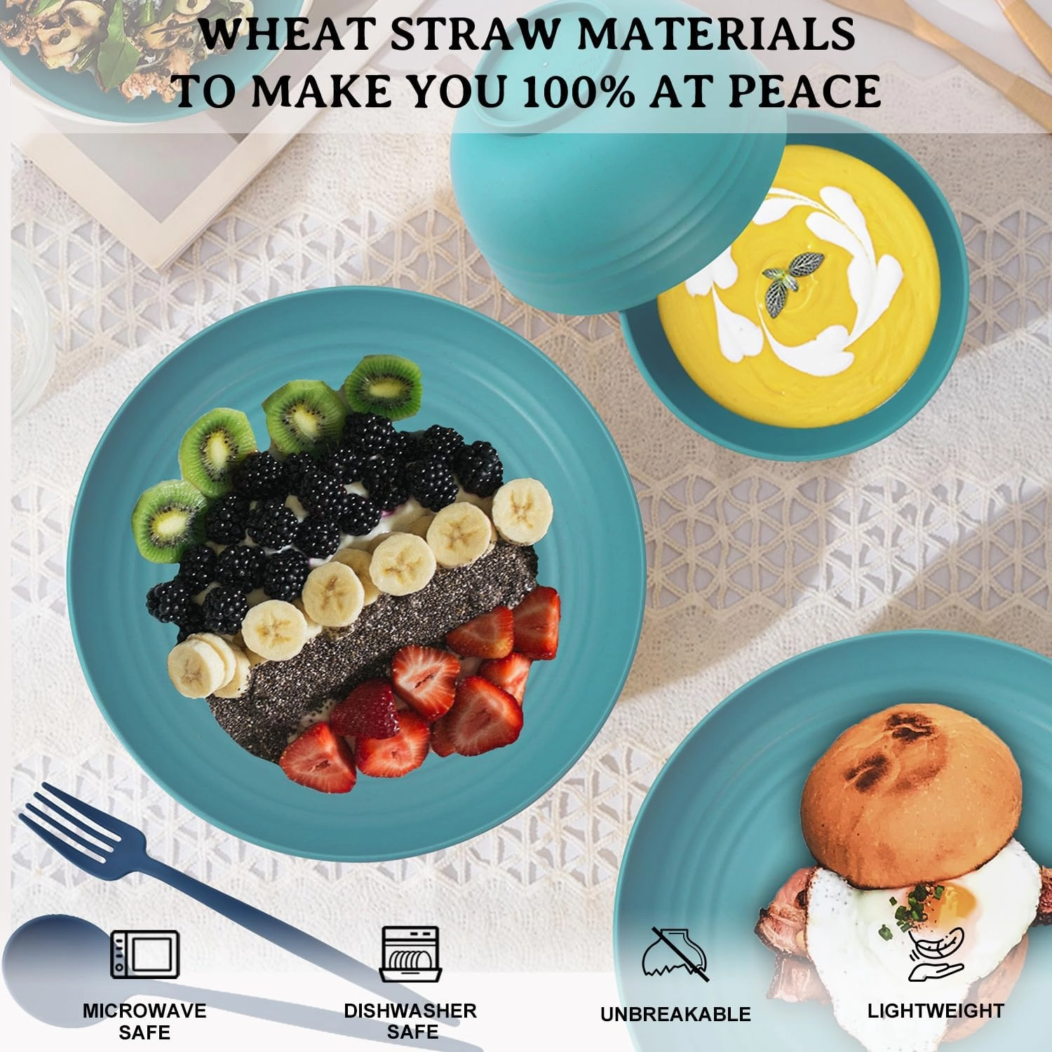 Wheat Straw Plates and Bowls Sets 28 PCS,Chip Resistant Dinnerware Sets for 4,Microwave Safe Dish Sets, Stackable and Lightweight Cup Set, Cutlery Set for Kitchen,Outdoor,Camping(Green)