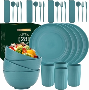 Wheat Straw Plates and Bowls Sets 28 PCS,Chip Resistant Dinnerware Sets for 4,Microwave Safe Dish Sets, Stackable and Lightweight Cup Set, Cutlery Set for Kitchen,Outdoor,Camping(Green)