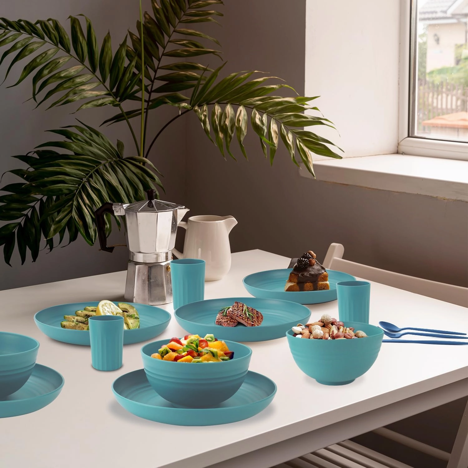 Wheat Straw Plates and Bowls Sets 28 PCS,Chip Resistant Dinnerware Sets for 4,Microwave Safe Dish Sets, Stackable and Lightweight Cup Set, Cutlery Set for Kitchen,Outdoor,Camping(Green)