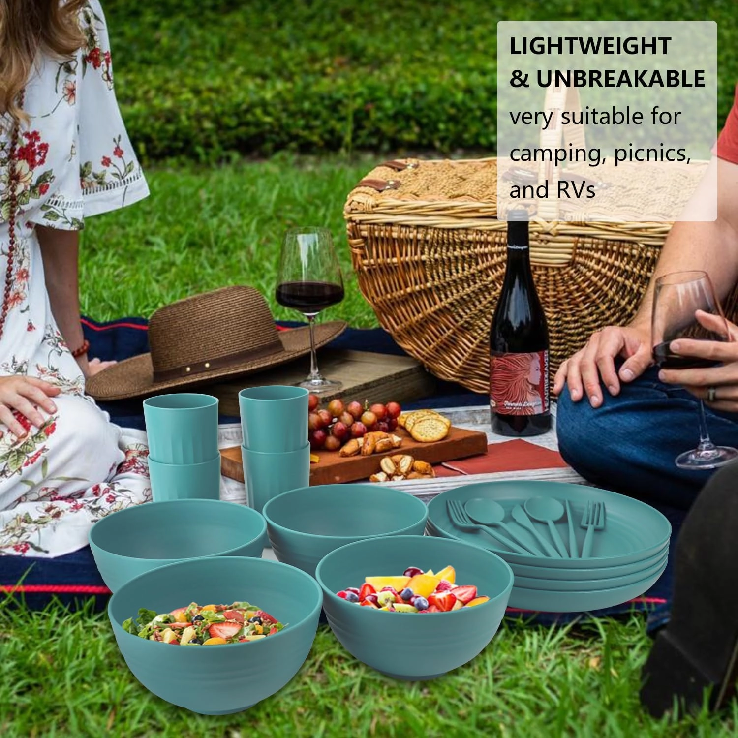 Wheat Straw Plates and Bowls Sets 28 PCS,Chip Resistant Dinnerware Sets for 4,Microwave Safe Dish Sets, Stackable and Lightweight Cup Set, Cutlery Set for Kitchen,Outdoor,Camping(Green)