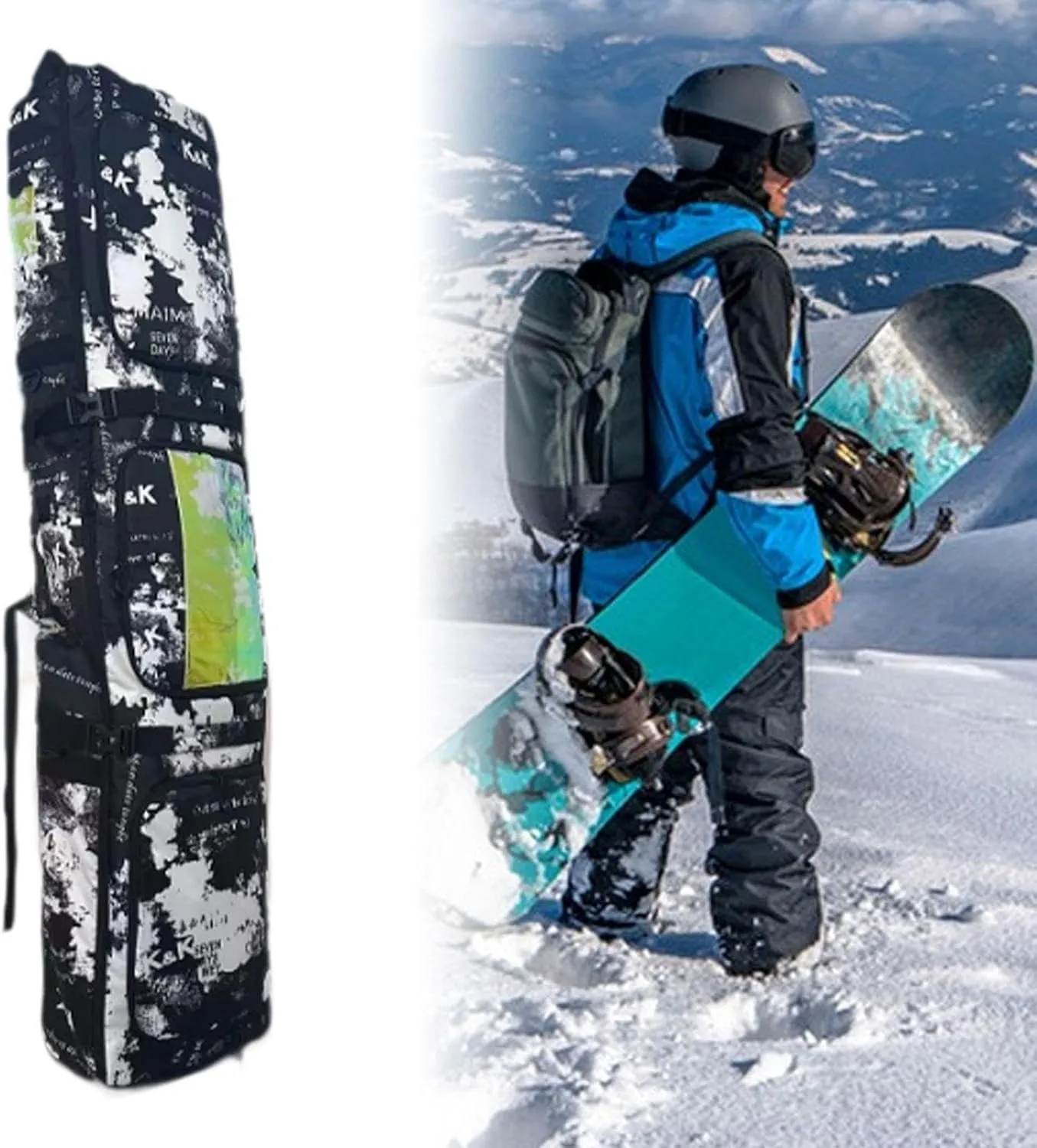Wheeled Ski and Snowboard Bag for Easy Transport with Rolled Top