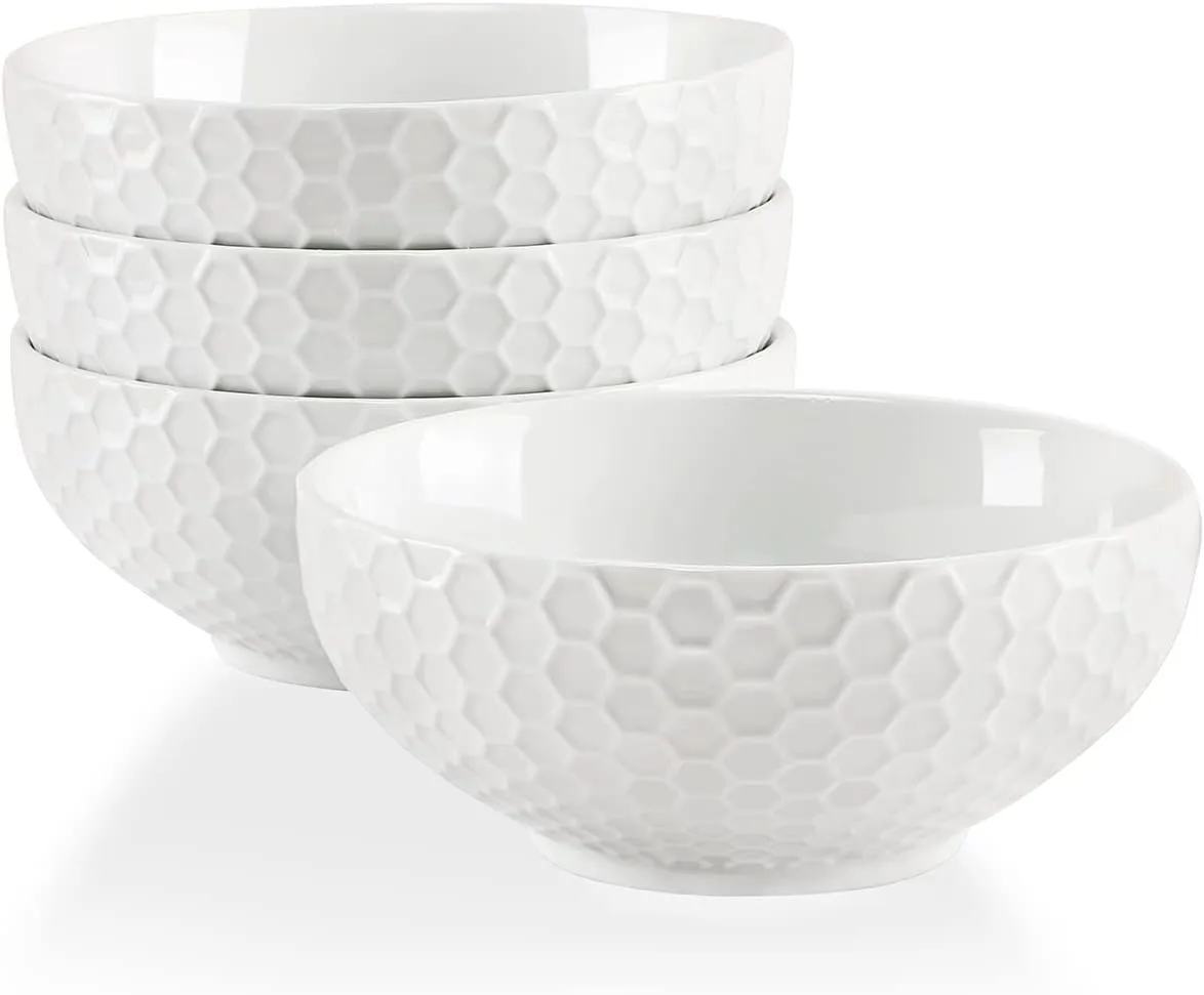 White Porcelain Small Bowls, 4.3 inch Honeycomb Grids Bowls for Ice Cream Yogurt Dessert Fruits 8 Ounce Bowl Set for Food Prep Rice Small Sid