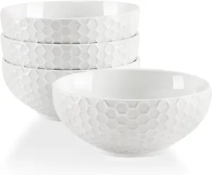 White Porcelain Small Bowls, 4.3 inch Honeycomb Grids Bowls for Ice Cream Yogurt Dessert Fruits 8 Ounce Bowl Set for Food Prep Rice Small Sid