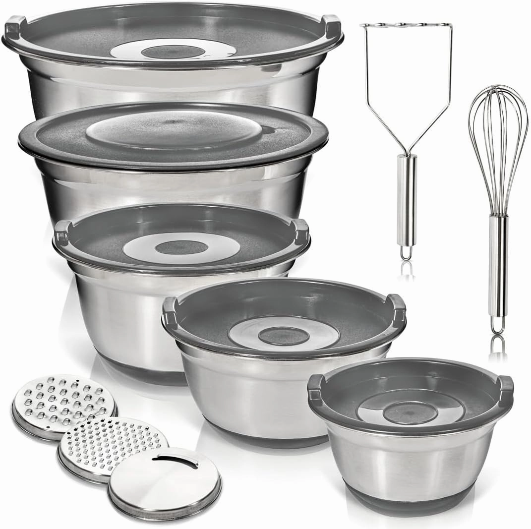WHYSKO® Stainless Steel Mixing Bowls With Lids Plus Stainless Steel Whisk, Potato Masher and Grater Lids, 5 Nesting Mixing Bowls And Kitchen Tools for Meal Prep, Cooking, Baking, Serving, Food Storage