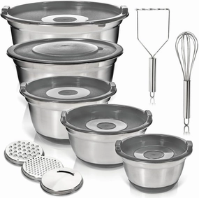 WHYSKO® Stainless Steel Mixing Bowls With Lids Plus Stainless Steel Whisk, Potato Masher and Grater Lids, 5 Nesting Mixing Bowls And Kitchen Tools for Meal Prep, Cooking, Baking, Serving, Food Storage