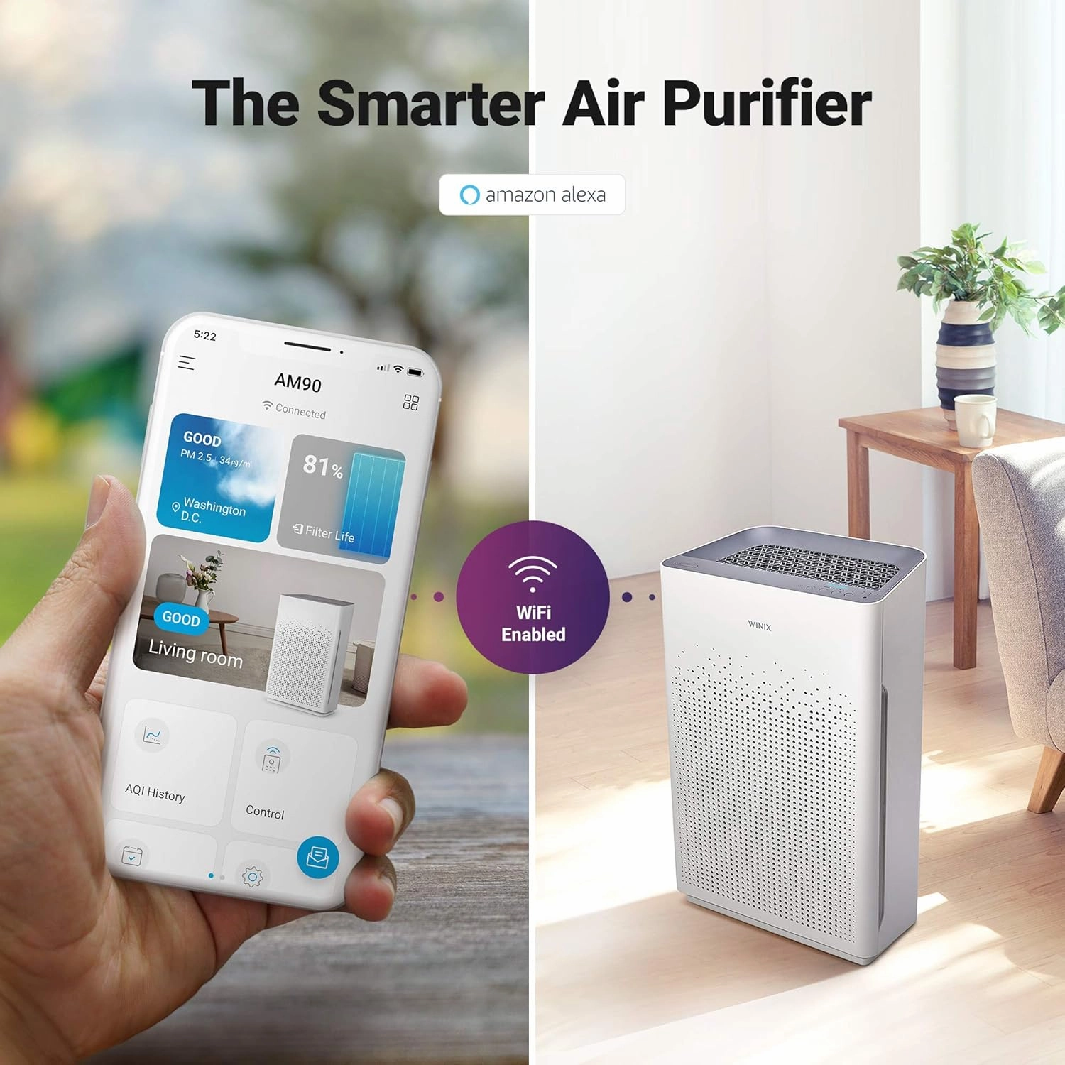 WINIX AM90 Air Purifier for Home Large Room Up to 1740 Ft² in 1 Hr With Air Quality Monitor, True HEPA, Carbon Filter and Auto Mode, Captures Pet Allergies, Smoke, Dust