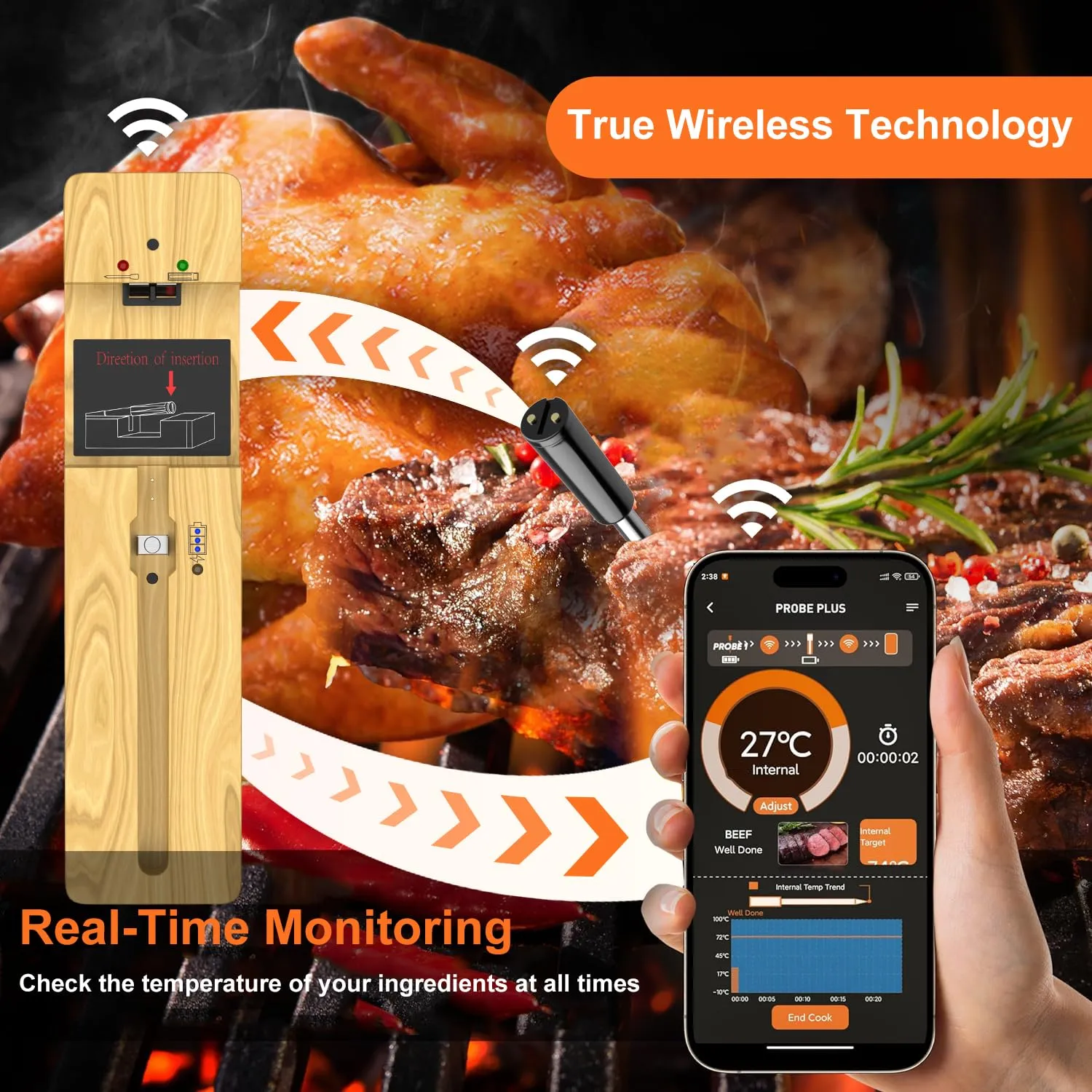 Wireless Meat Thermometer Bluetooth with Ceramics Probe for Grilling/Cooking Waterproof Digital Oven Food Thermometer with 600Ft Range Perfect for BBQ/Air Fryer Compatible with iOS & Android Smart App