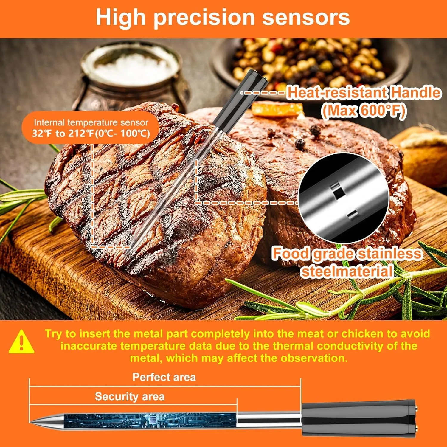 Wireless Meat Thermometer Bluetooth with Ceramics Probe for Grilling/Cooking Waterproof Digital Oven Food Thermometer with 600Ft Range Perfect for BBQ/Air Fryer Compatible with iOS & Android Smart App