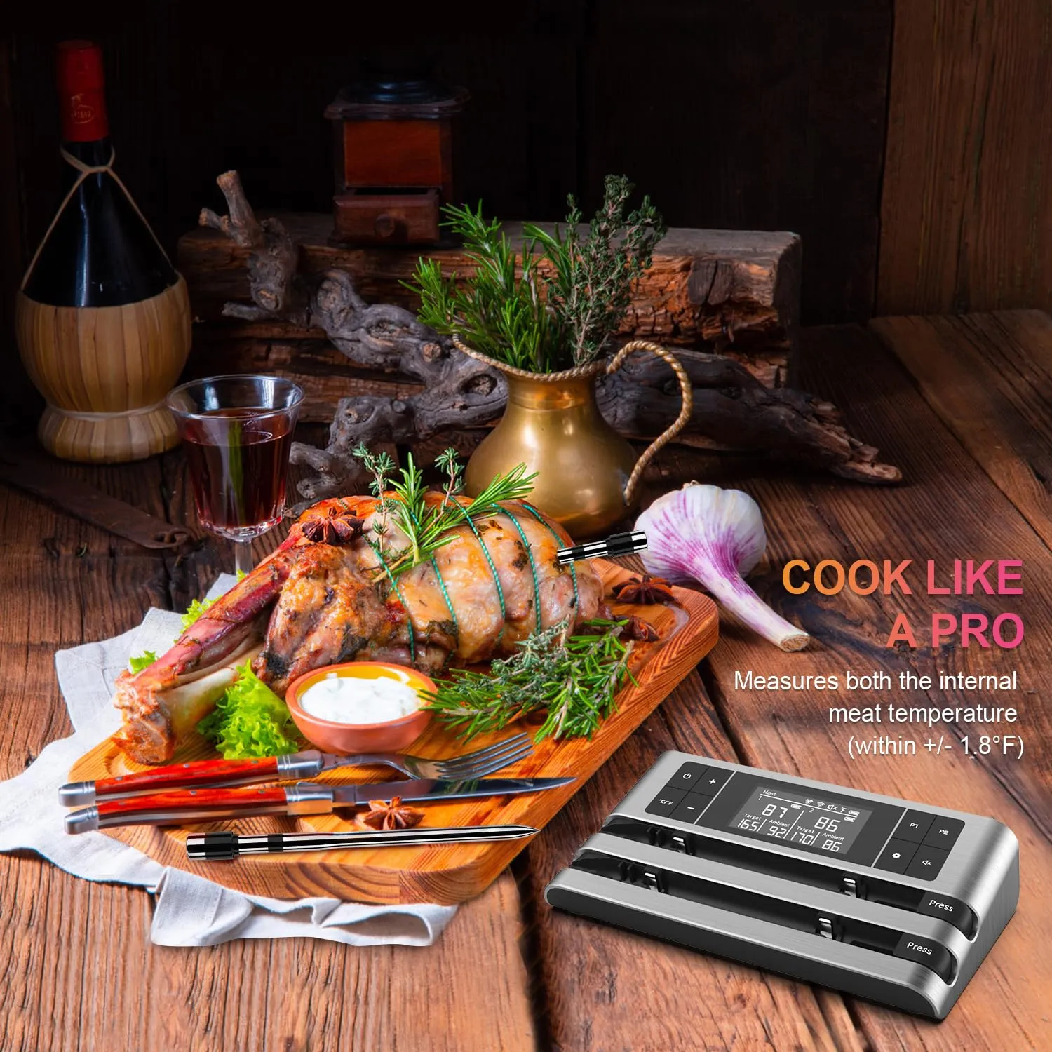Wireless Smart Meat Thermometer with Dual-Sensor Probe, 500FT Remote Monitoring, Dedicated App, Real-Time Ambient and Food Temperature Tracking for Precise Cooking Control