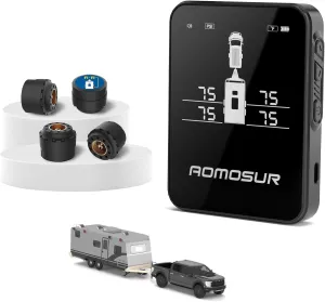 Wireless Tire Pressure Monitoring System for RV Travel Trailer Camper TPMS Gauge – 0-108 PSI Range, Color Display, Smart Sensors, and Automatic Alerts, Sensors Set of 4