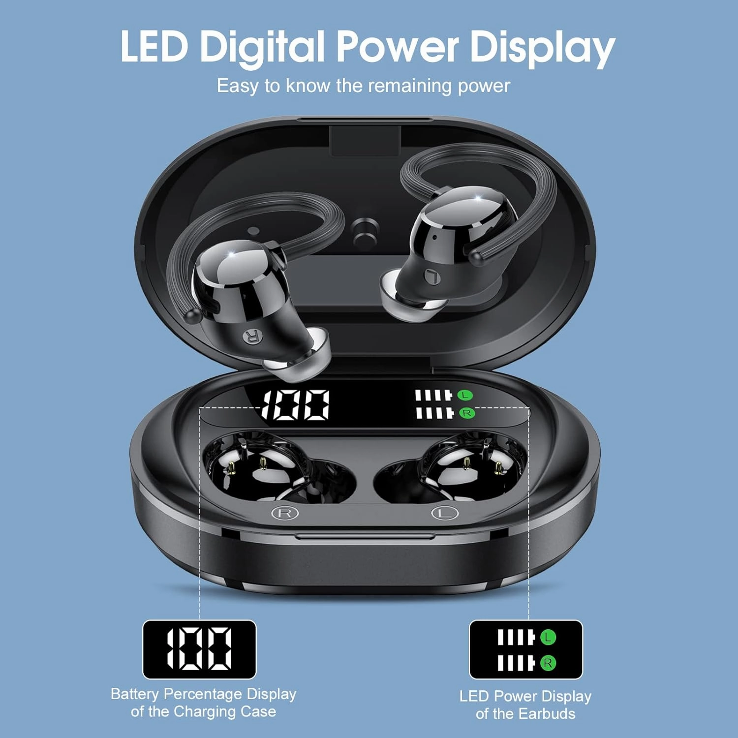 Wireless Earbuds, 2023 New Ultralight Sport Bluetooth 5.3 Headphones In Ear with LED Display, Built-in Mic Earphones, IPX7 Waterproof Wireless Headphones with Earhooks for Gym Workout (Black)