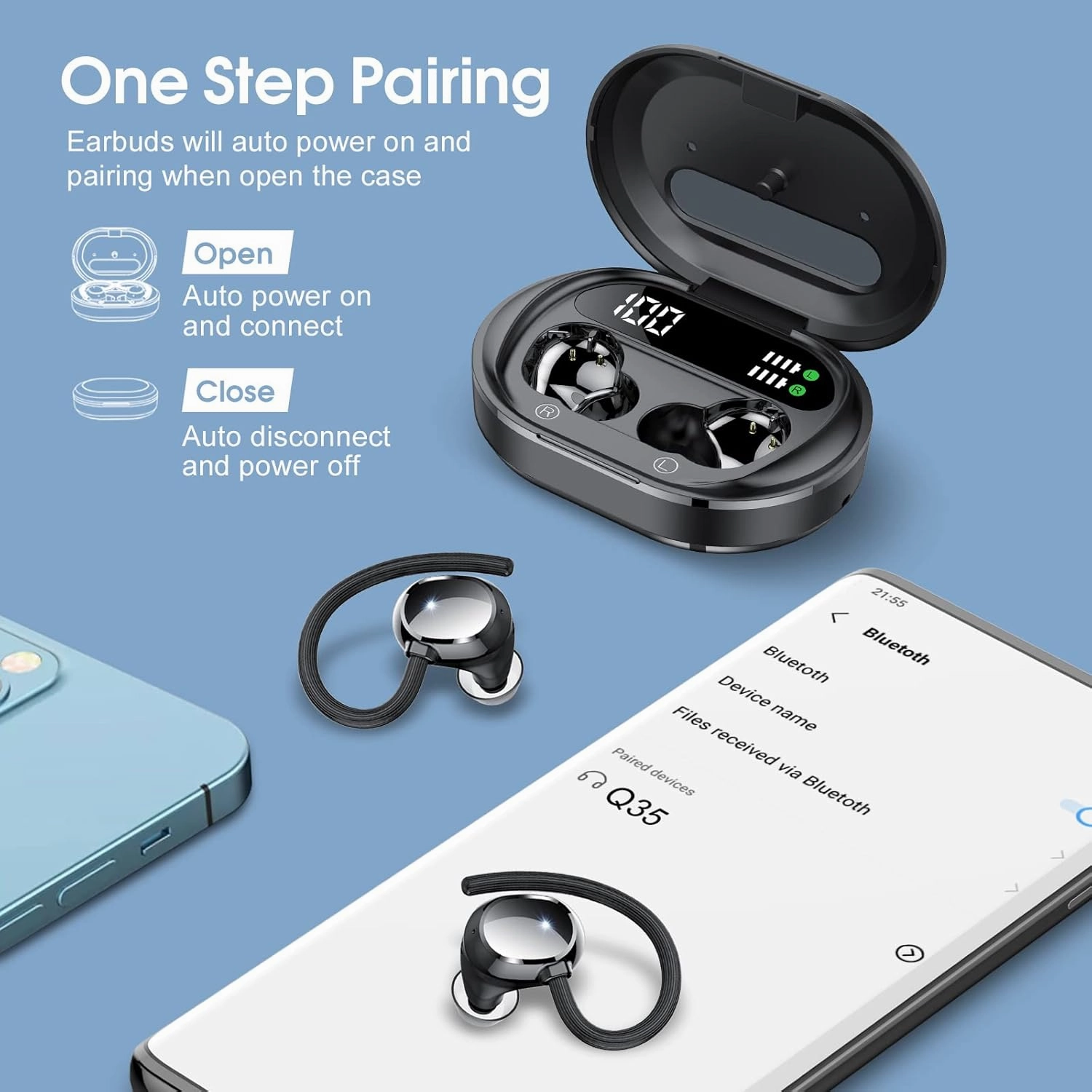 Wireless Earbuds, 2023 New Ultralight Sport Bluetooth 5.3 Headphones In Ear with LED Display, Built-in Mic Earphones, IPX7 Waterproof Wireless Headphones with Earhooks for Gym Workout (Black)