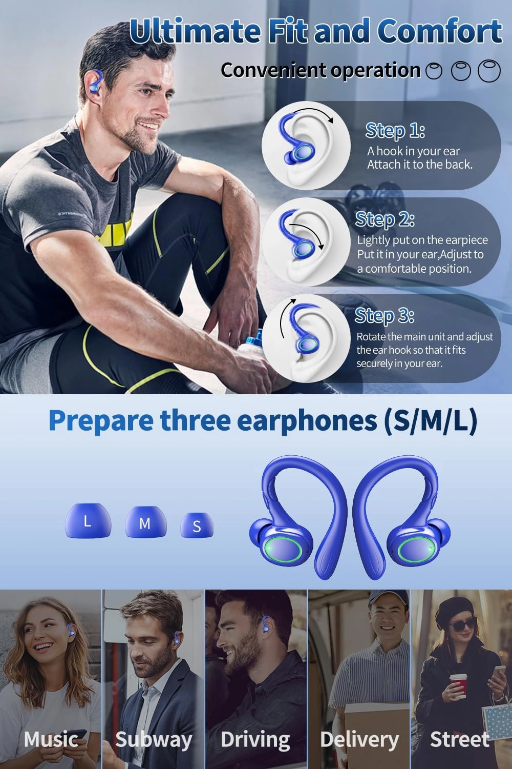 Wireless Earbuds, 60H Playback Bluetooth 5.3 Headphones,Noise Cancelling Wireless Headphones with LED Battery Display, Mics Clear Call, IPX7 Waterproof Bluetooth Earbuds for Workout Sports (Blue)