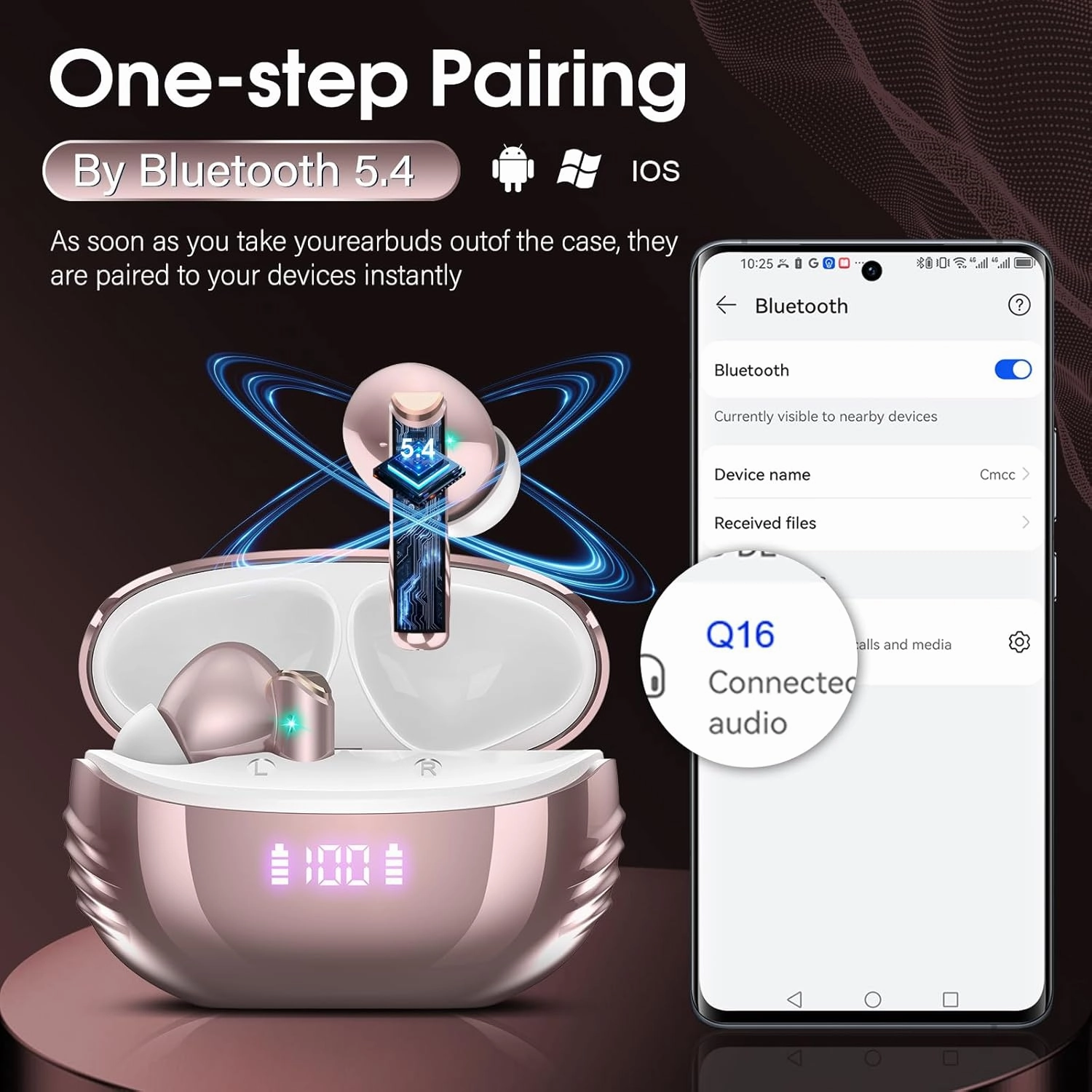 Wireless Earbuds Bluetooth 5.4 in Ear Light-Weight Headphones Built-in MIC, 48H Playback HiFi Stereo Bass Earphones, IPX7 Waterproof Ear Buds with Charging Case, Touch Control, Rose Gold