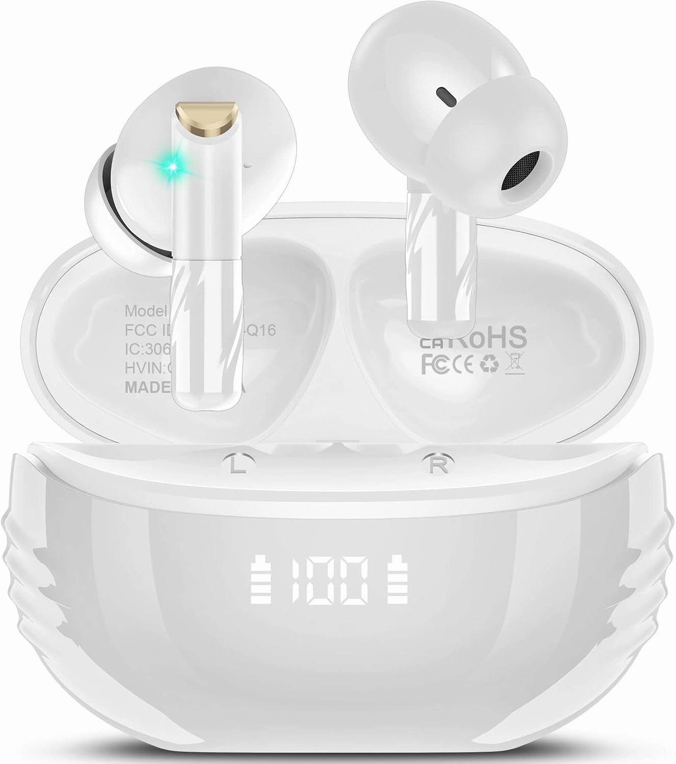 Wireless Earbuds Bluetooth 5.4 in Ear Light-Weight Headphones Built-in MIC, 48H Playback HiFi Stereo Bass Earphones, IPX7 Waterproof Ear Buds with Digital Display Charging Case, Touch Control, White