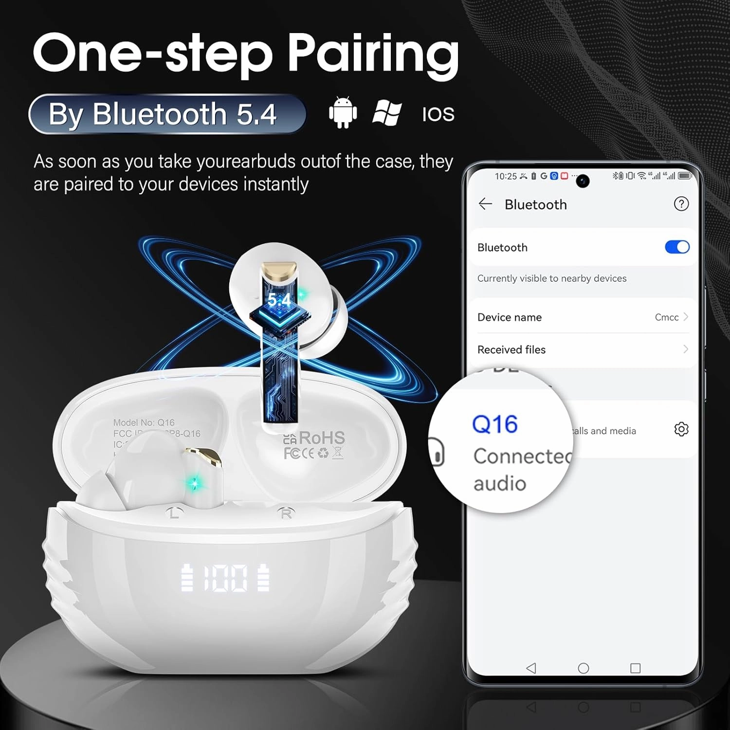 Wireless Earbuds Bluetooth 5.4 in Ear Light-Weight Headphones Built-in MIC, 48H Playback HiFi Stereo Bass Earphones, IPX7 Waterproof Ear Buds with Digital Display Charging Case, Touch Control, White