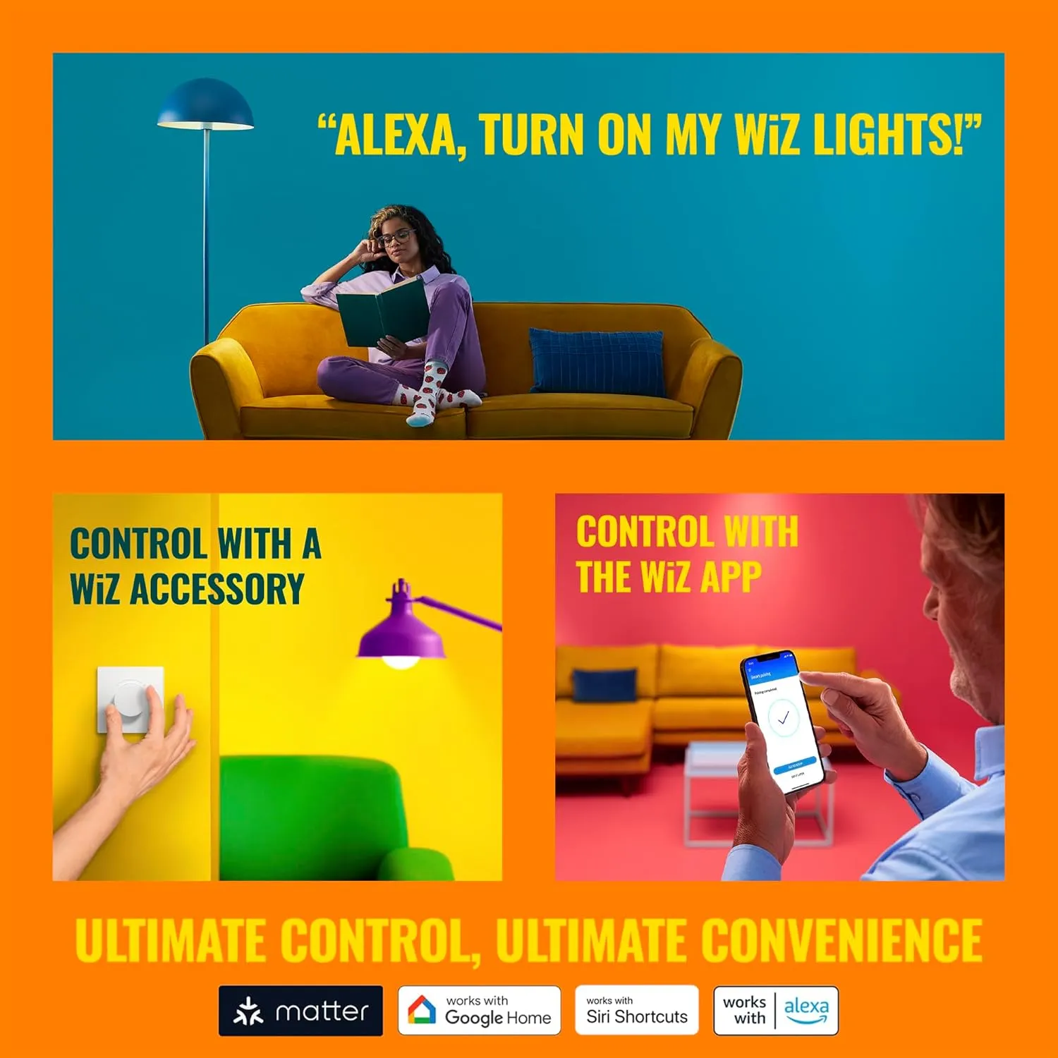 WiZ 60W A19 Color LED Smart Bulb - Pack of 3 - E26- Indoor - Connects to Your Existing Wi-Fi - Control with Voice or App   Activate with Motion - Matter Compatible