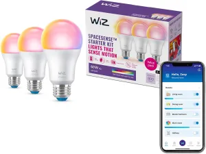 WiZ 60W A19 Color LED Smart Bulb - Pack of 3 - E26- Indoor - Connects to Your Existing Wi-Fi - Control with Voice or App   Activate with Motion - Matter Compatible