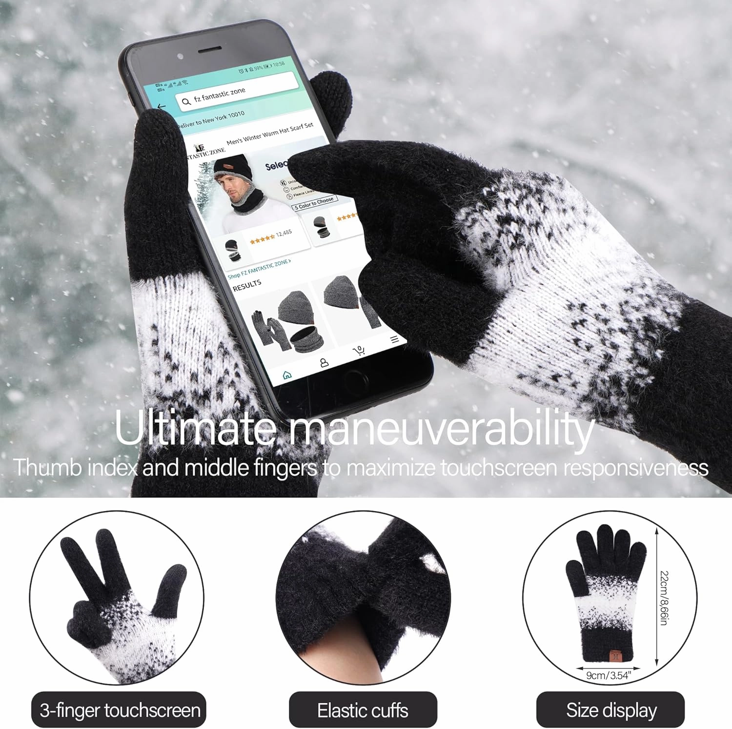 Womens Winter Knit Beanie Hats and Touchscreen Gloves Long Scarf Set with Warm Fleece Lined Skull Caps Scarves for Women