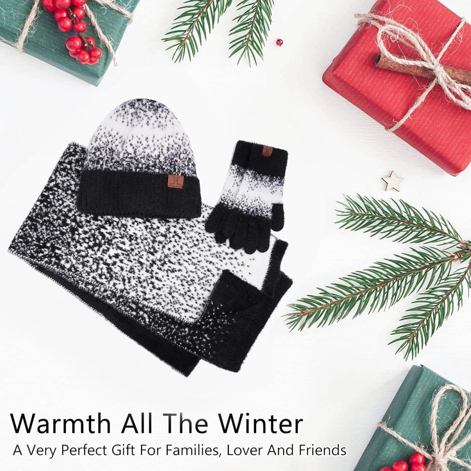 Womens Winter Knit Beanie Hats and Touchscreen Gloves Long Scarf Set with Warm Fleece Lined Skull Caps Scarves for Women