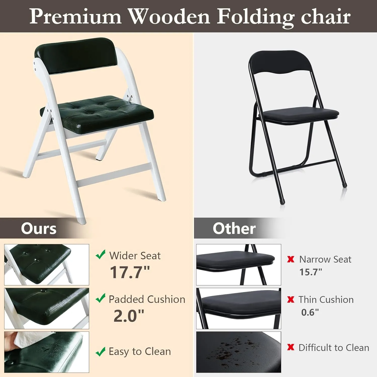 Wooden Folding Chairs Set of 2, Folding Chairs with Padded Seats, 31" Stackable Folding Dining Chairs, Folding Extra Chair for Banquet Room, Bedroom, Party Chairs, WhiteGreen