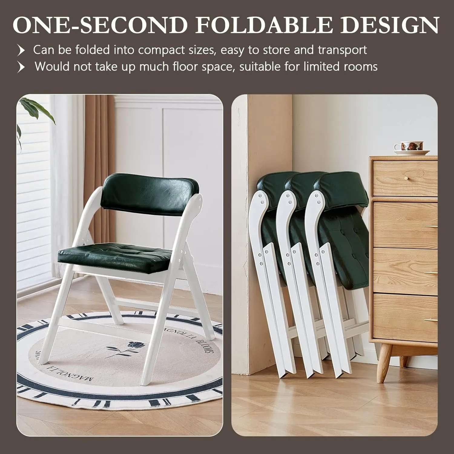 Wooden Folding Chairs Set of 2, Folding Chairs with Padded Seats, 31" Stackable Folding Dining Chairs, Folding Extra Chair for Banquet Room, Bedroom, Party Chairs, WhiteGreen