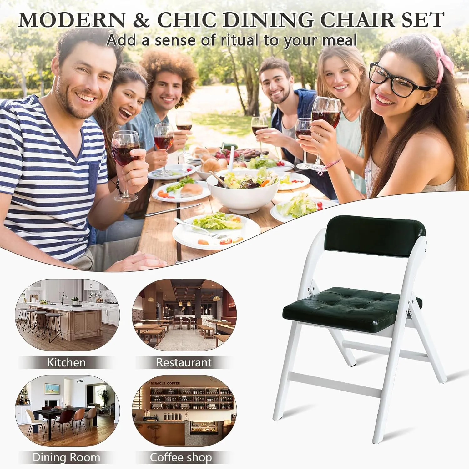 Wooden Folding Chairs Set of 2, Folding Chairs with Padded Seats, 31" Stackable Folding Dining Chairs, Folding Extra Chair for Banquet Room, Bedroom, Party Chairs, WhiteGreen