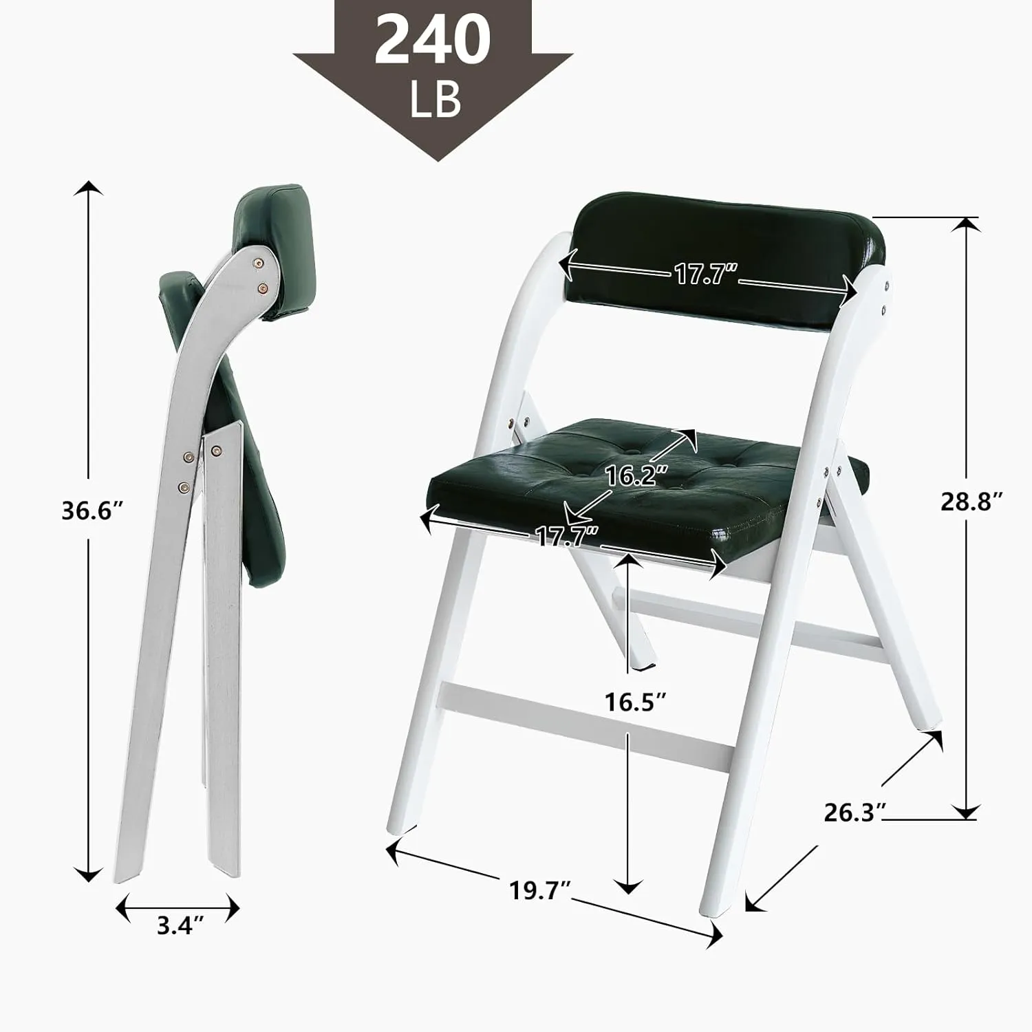 Wooden Folding Chairs Set of 2, Folding Chairs with Padded Seats, 31" Stackable Folding Dining Chairs, Folding Extra Chair for Banquet Room, Bedroom, Party Chairs, WhiteGreen
