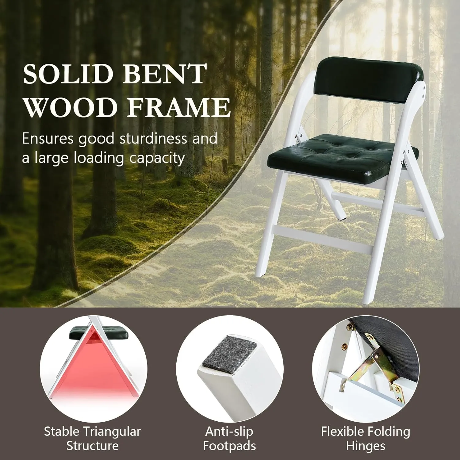 Wooden Folding Chairs Set of 2, Folding Chairs with Padded Seats, 31" Stackable Folding Dining Chairs, Folding Extra Chair for Banquet Room, Bedroom, Party Chairs, WhiteGreen