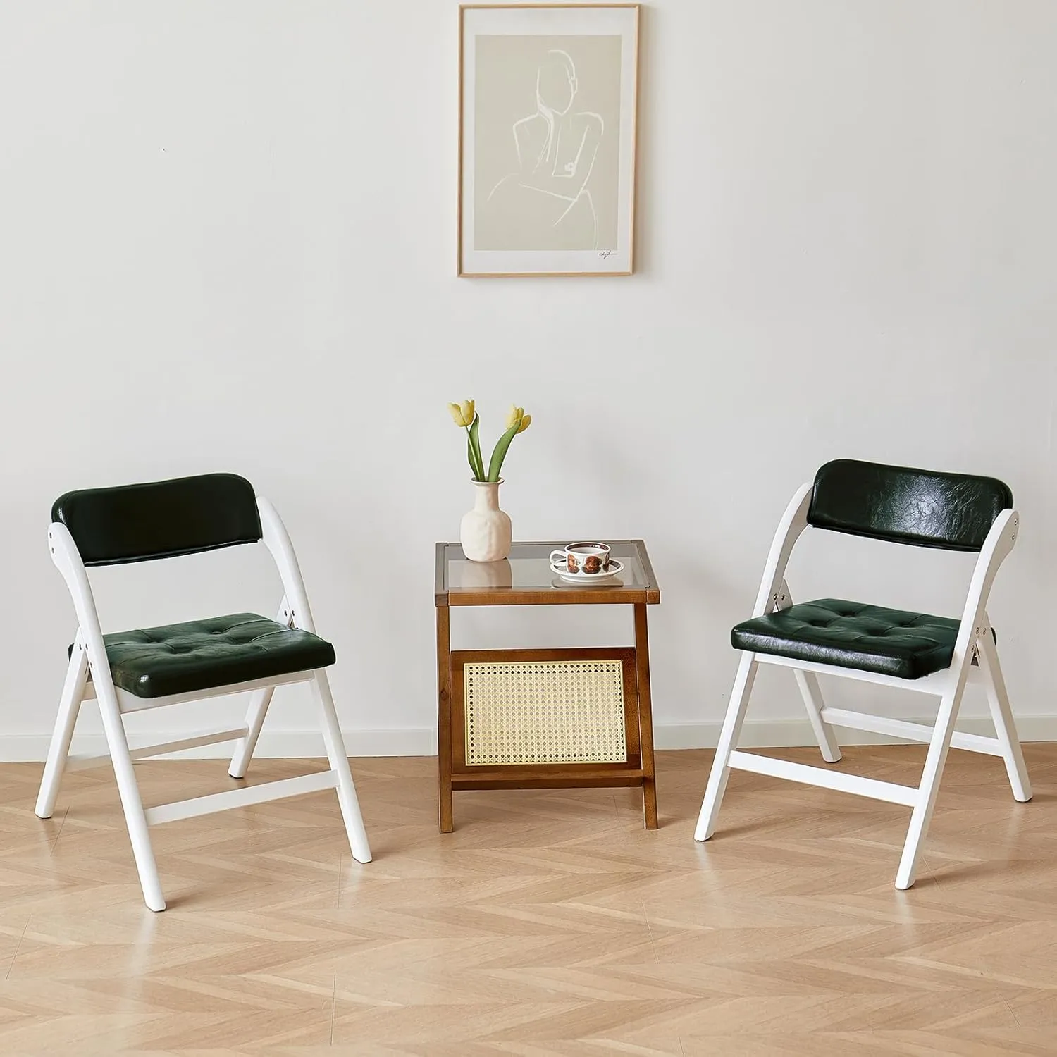 Wooden Folding Chairs Set of 2, Folding Chairs with Padded Seats, 31" Stackable Folding Dining Chairs, Folding Extra Chair for Banquet Room, Bedroom, Party Chairs, WhiteGreen