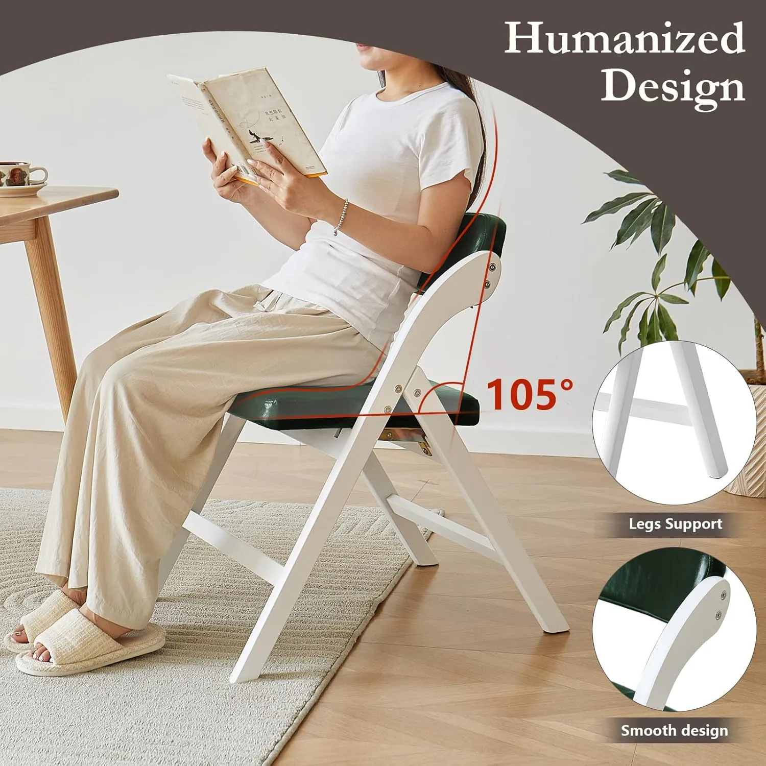 Wooden Folding Chairs Set of 2, Folding Chairs with Padded Seats, 31" Stackable Folding Dining Chairs, Folding Extra Chair for Banquet Room, Bedroom, Party Chairs, WhiteGreen