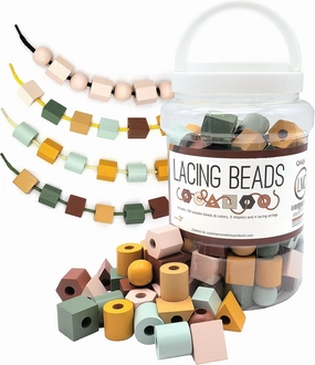 Wooden Lacing Beads & Strings 125 Pieces, Fine Motor Skills Toys for 3 Year Old, Boho Colors