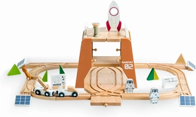Wooden Space Train Set, Mars Station Wood Train Track Set 39pcs, Train Toy with Astronaut and Rocket for Kids 36m 